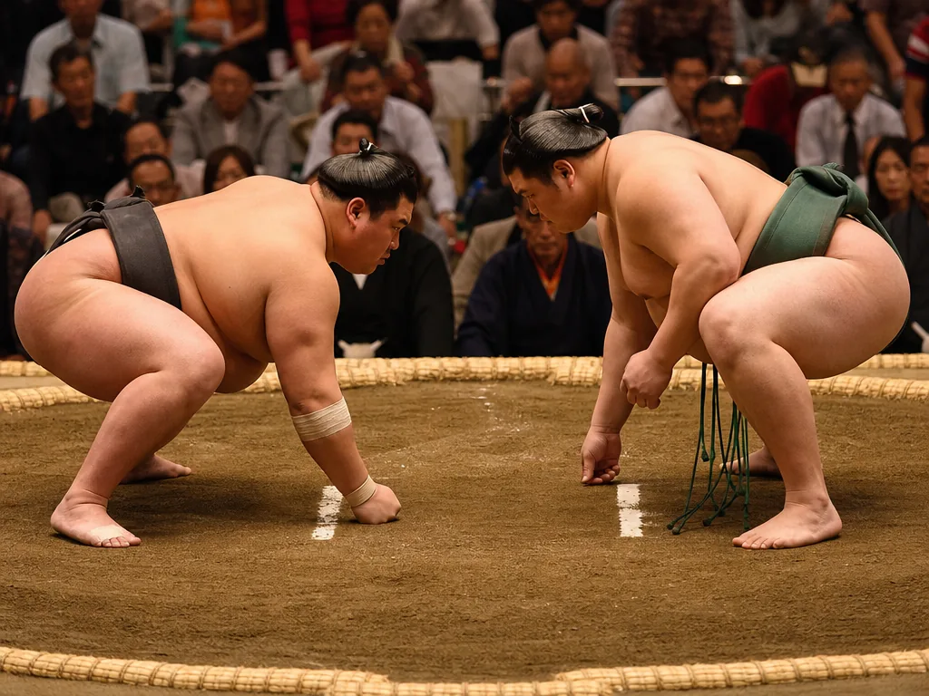 Two rikishi facing off in the ring during a show