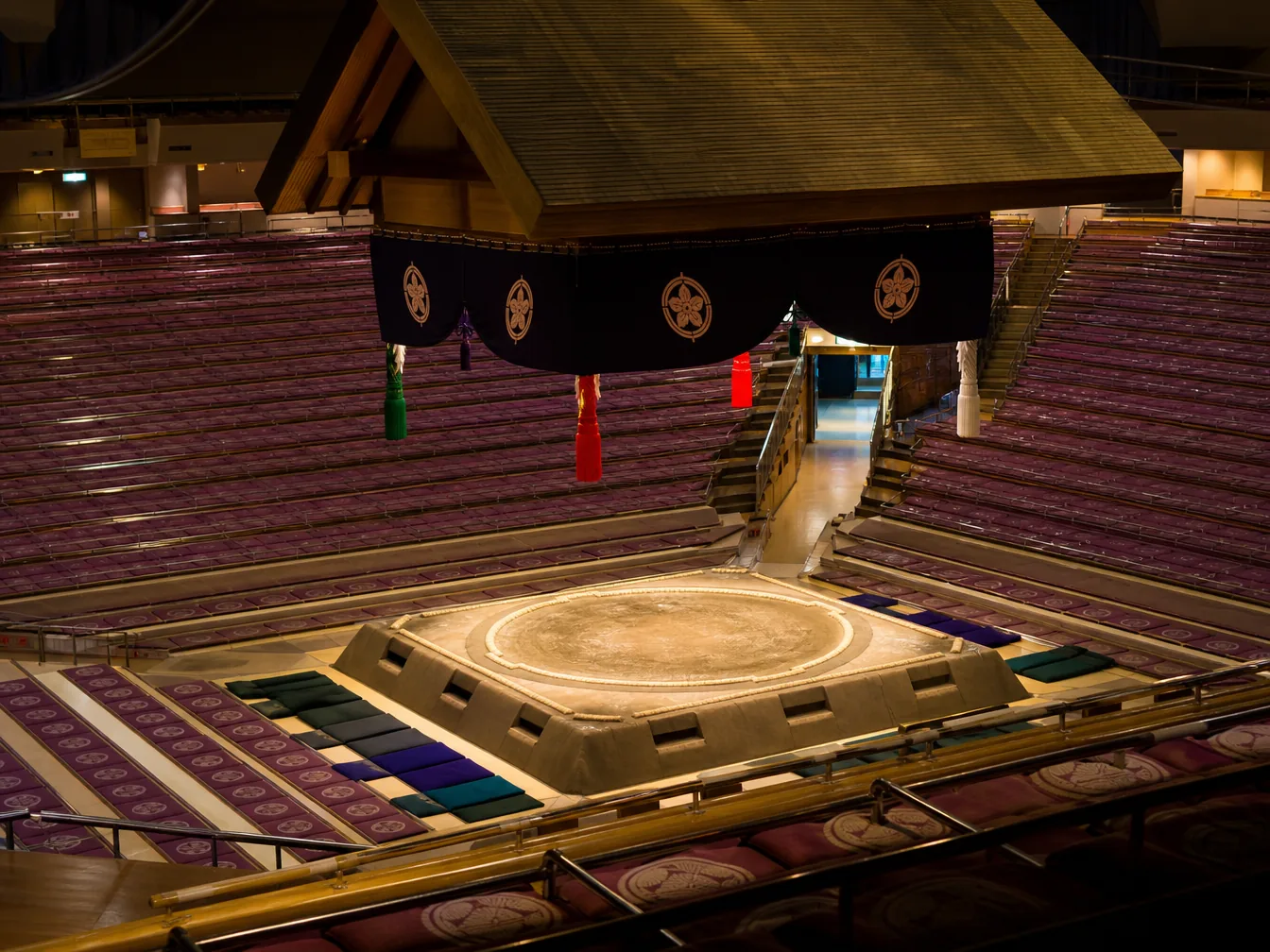 The ring (dohyō) at Sumo Hall Hirakuza with spectators