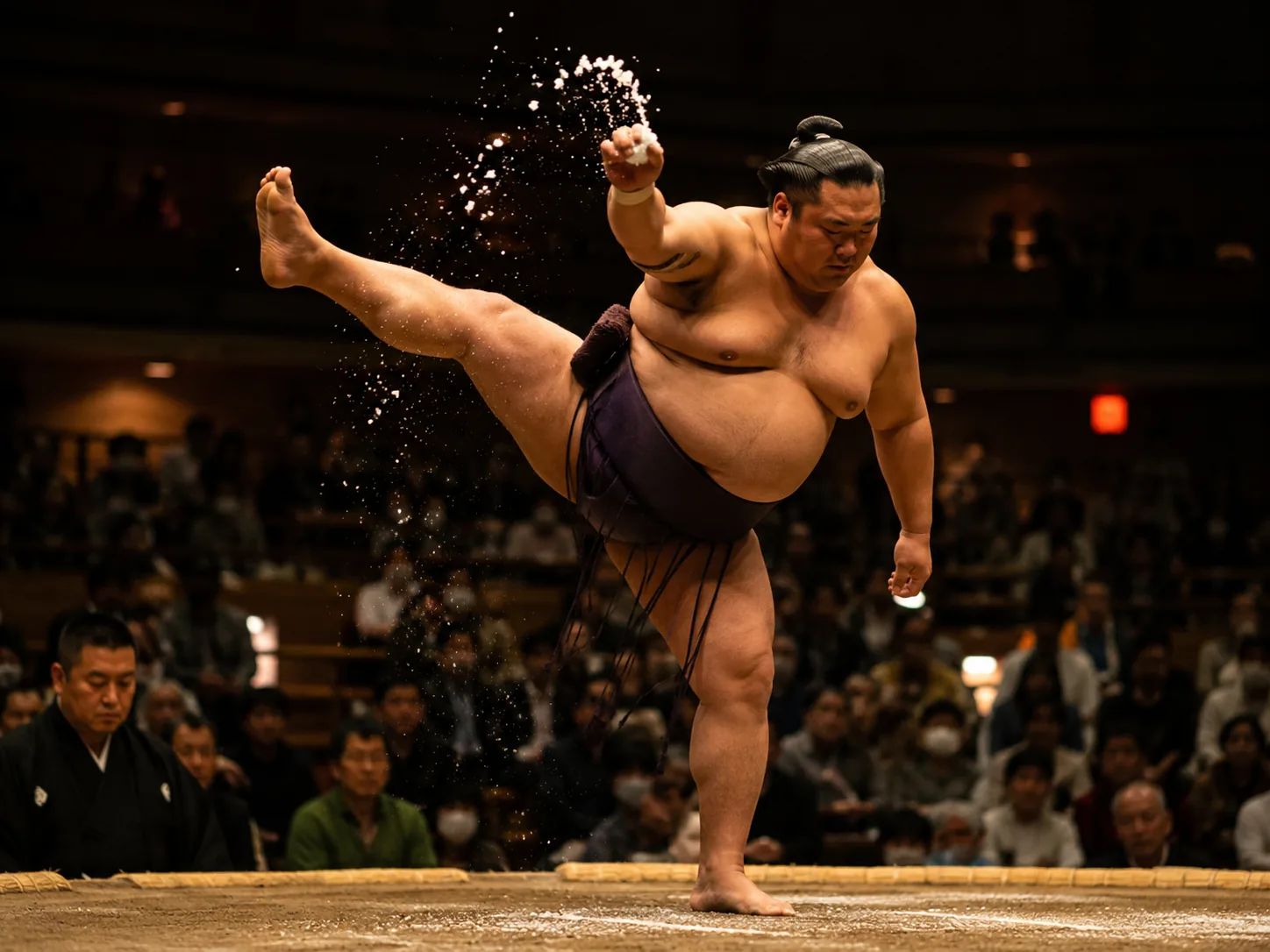 A rikishi throwing purifying salt in the pre-bout ritual