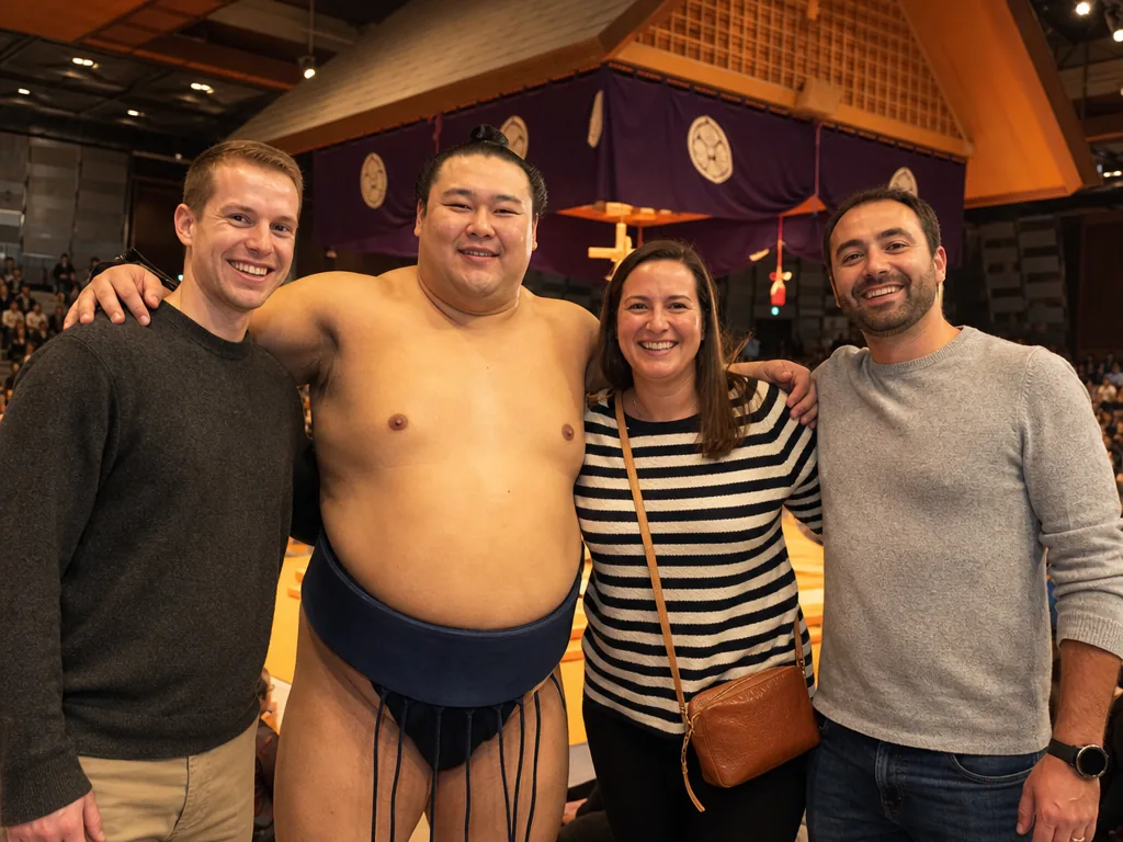 Guests posing with a wrestler after the show